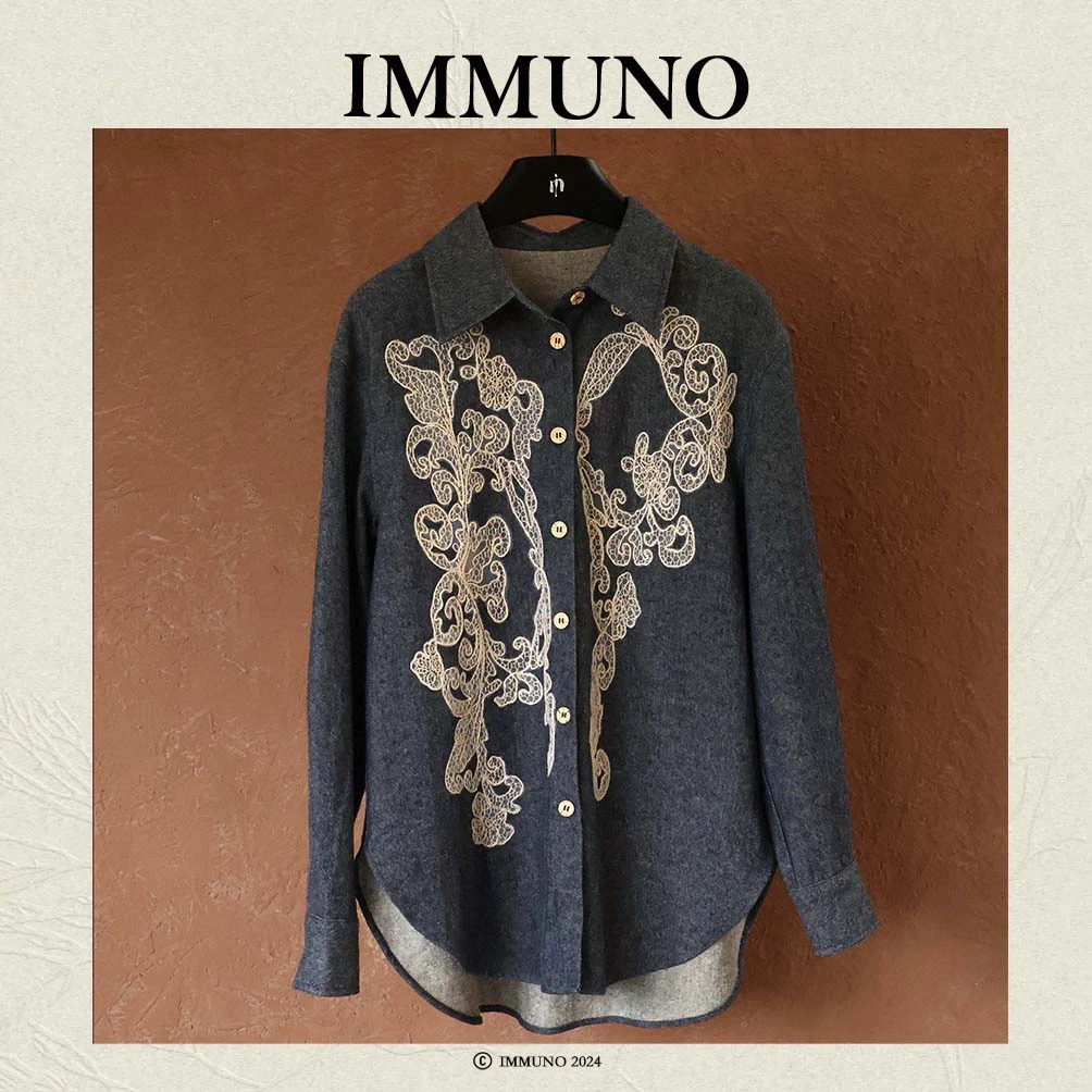 IMMUNO壹糯 春装气质牛仔镂空蕾丝拼接宽松衬衫翻领中长款上衣