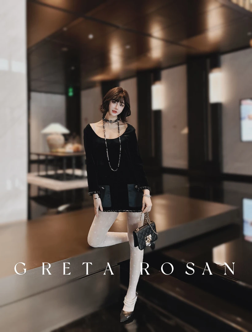 ROSAN【罗曼尼】高级手工坊黑色水晶蚕丝天鹅绒秀场上衣/连衣裙