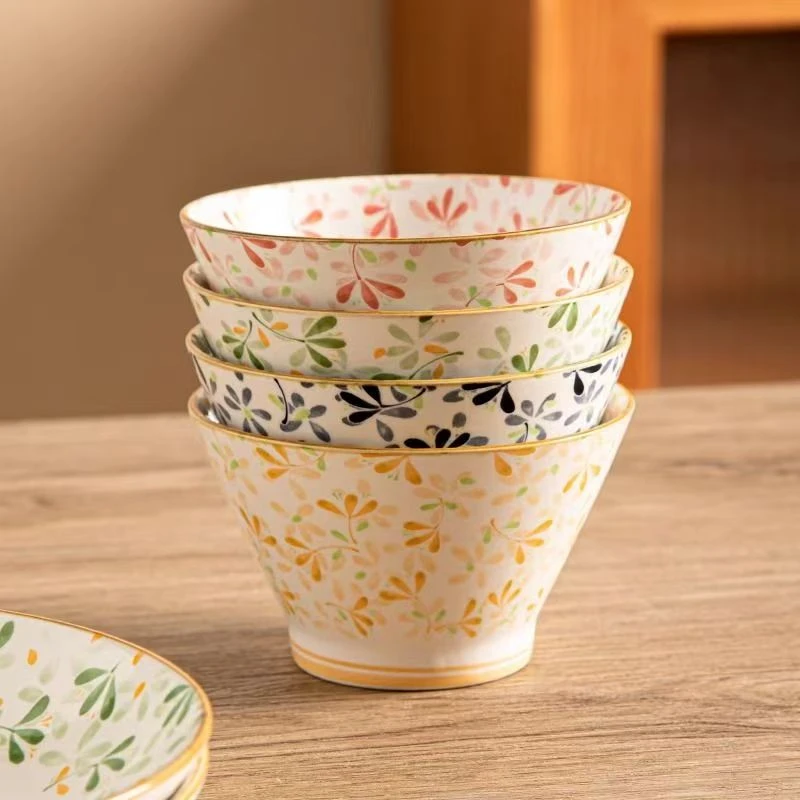 四季繁花5英寸斗笠碗四个装家用餐具陶瓷釉下彩吃饭米饭碗高颜值
