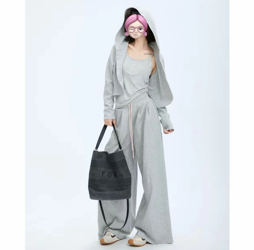 【桃喜】秋季新款灰色开衫短外套帽衫套装017