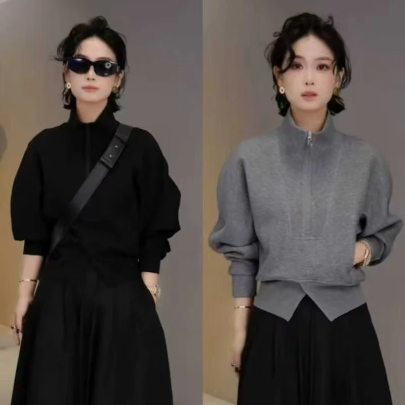 【小禾苗】秋冬倒三角螺纹松紧开叉加绒卫衣立领休闲设计感保暖上衣