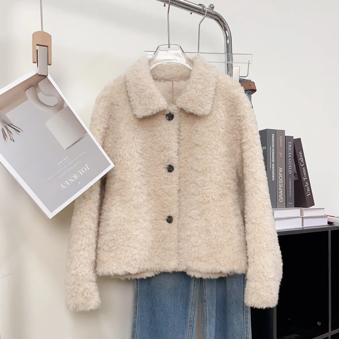 Y18绵羊毛100%羊剪绒外套立领颗粒绒短款上衣2025冬季款