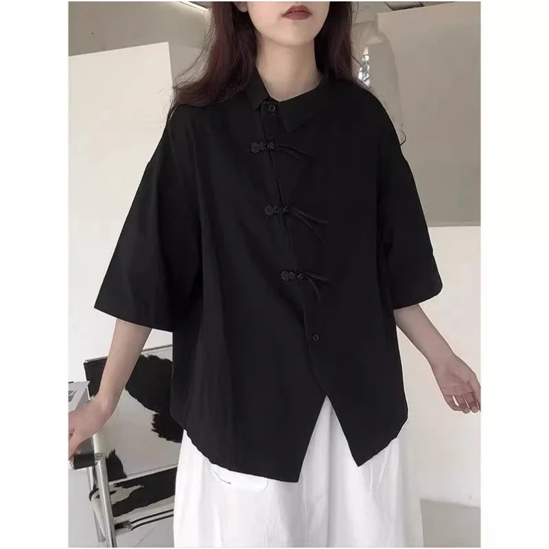 新中式300斤国风不规则斜襟衬衫夏季男女复古休闲短袖翻领衬衣潮