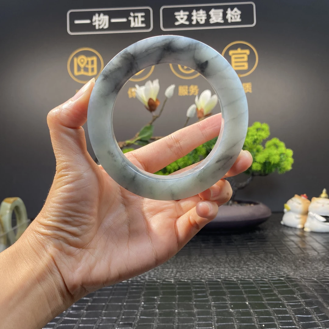 水墨画冰乌鸡翡翠手镯定制 圆条59-61