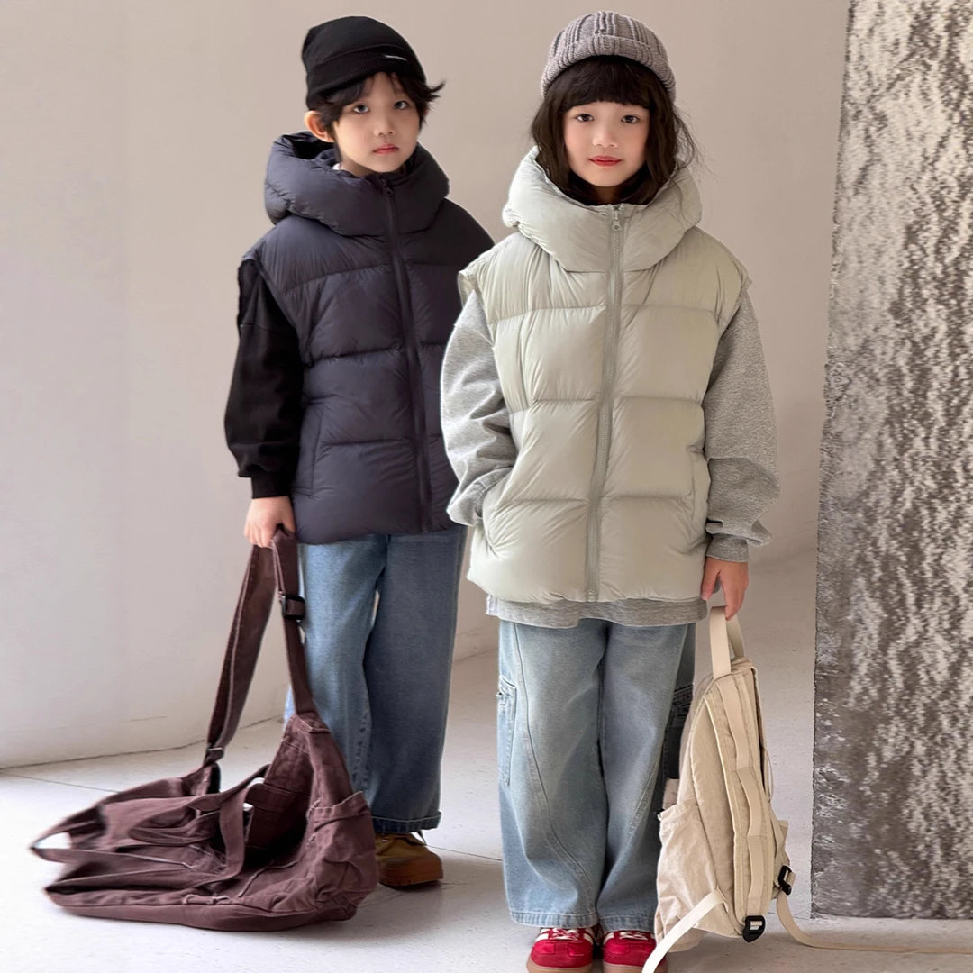 韩版儿童羽绒马甲秋冬2025新款连帽男女童中大童加厚坎肩泡芙外套