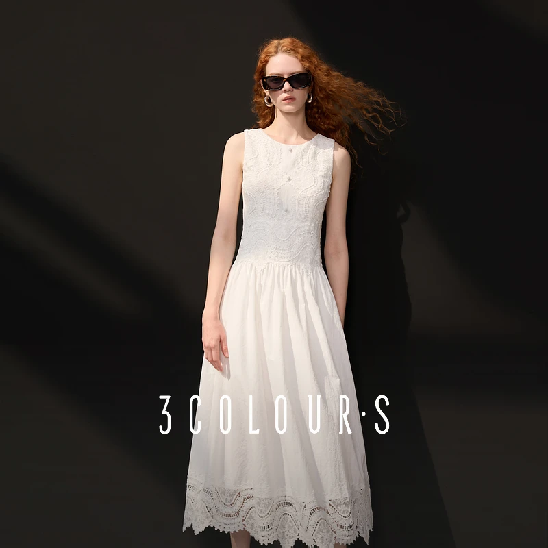 三彩2025秋季新款蕾丝小白裙无袖连衣裙法式收腰长裙复古S