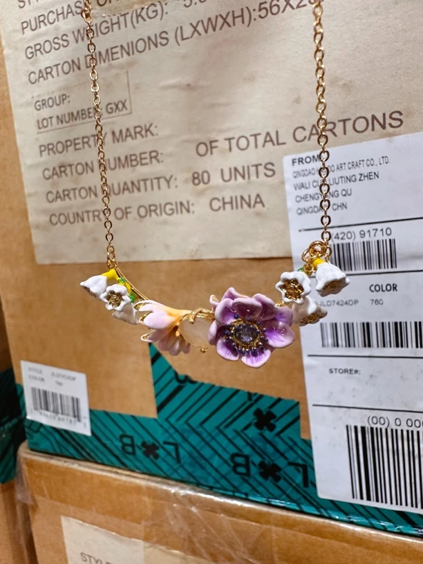 铜合金珐琅项链 森系甜美紫色花朵宝石项链