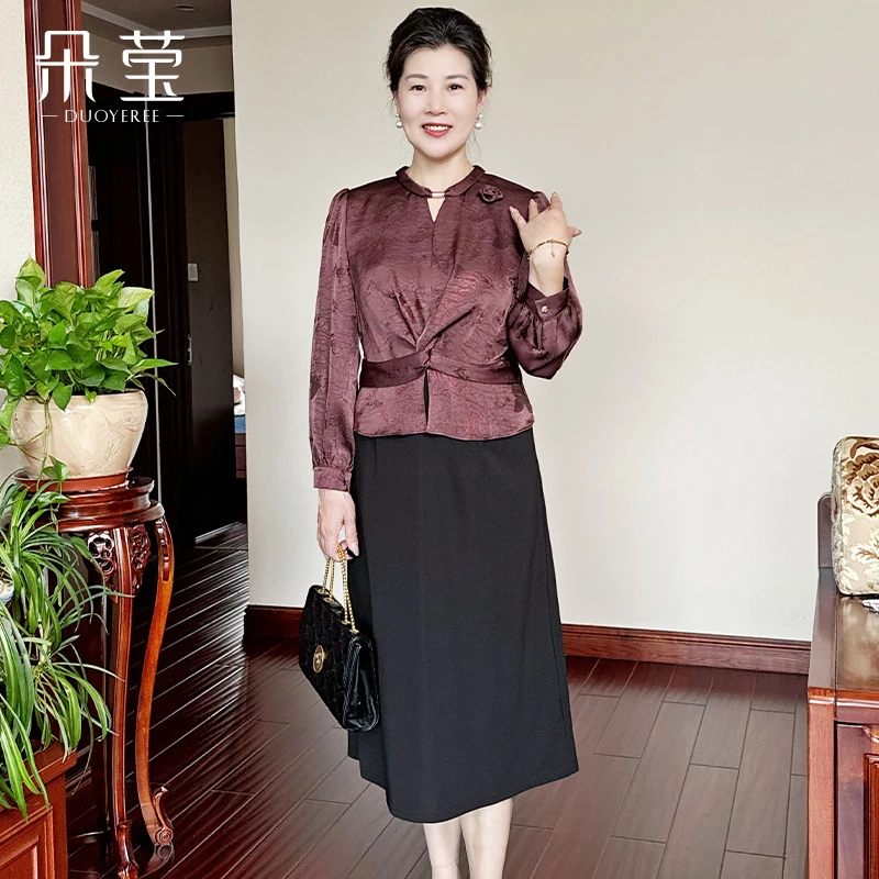 复古春秋女装时尚拼色裙子中长款显瘦优雅50岁妈妈装连衣裙90355