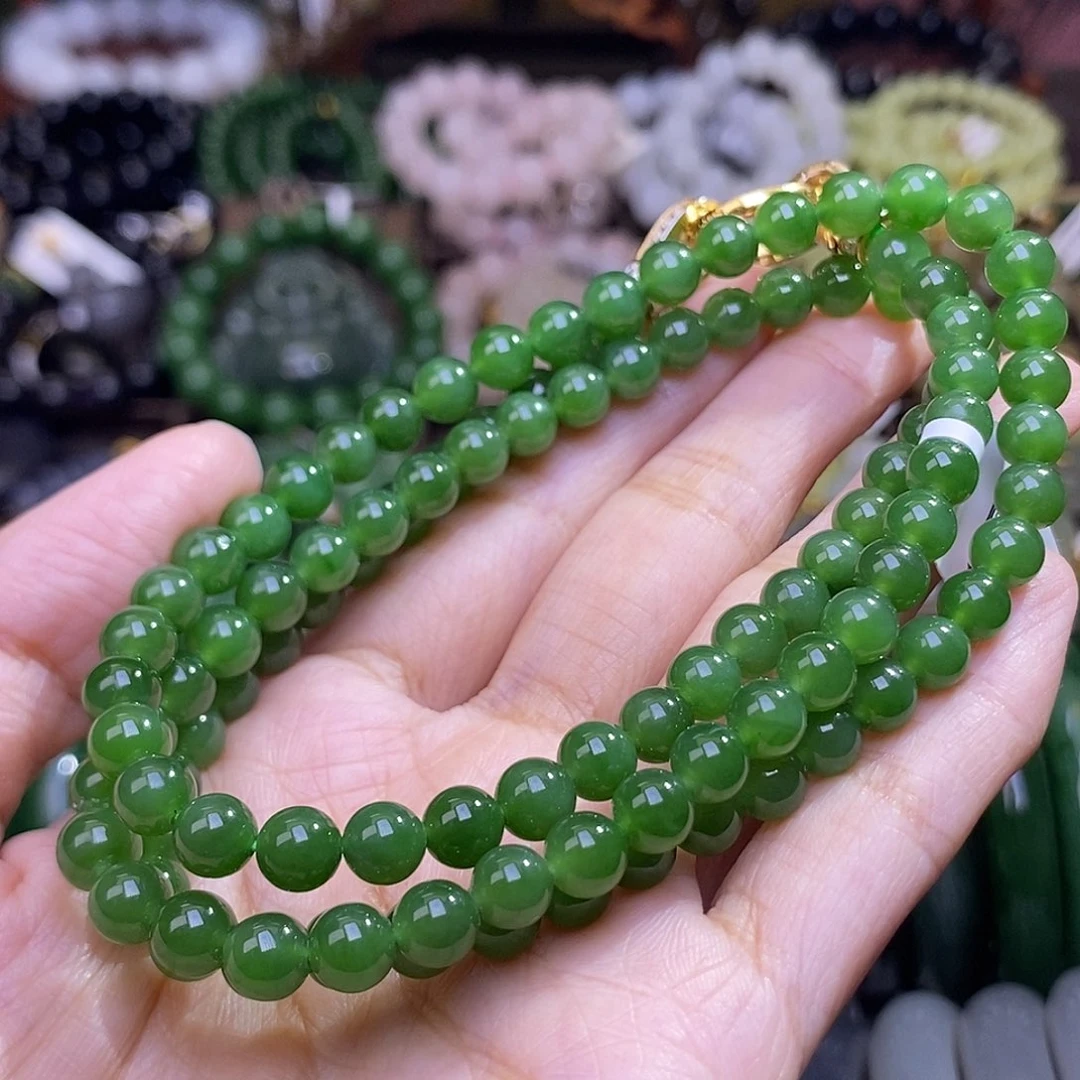 和田玉未镶嵌颈饰毕业级碧玉阳绿毛衣链6m