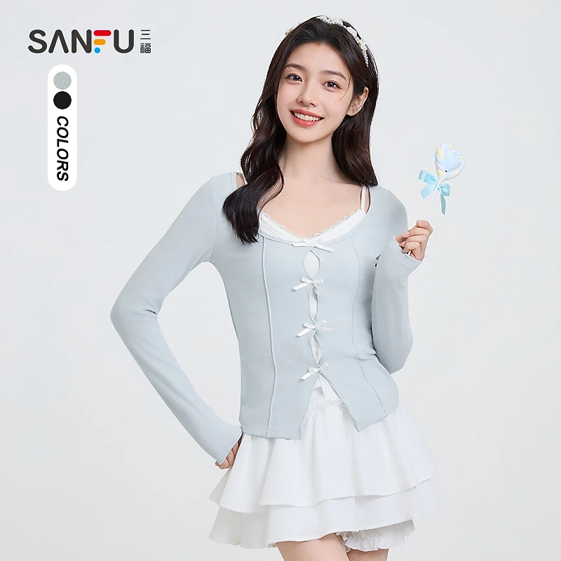 三福长T恤2025春季休闲甜美蝴蝶结镂空圆领上衣女装498784