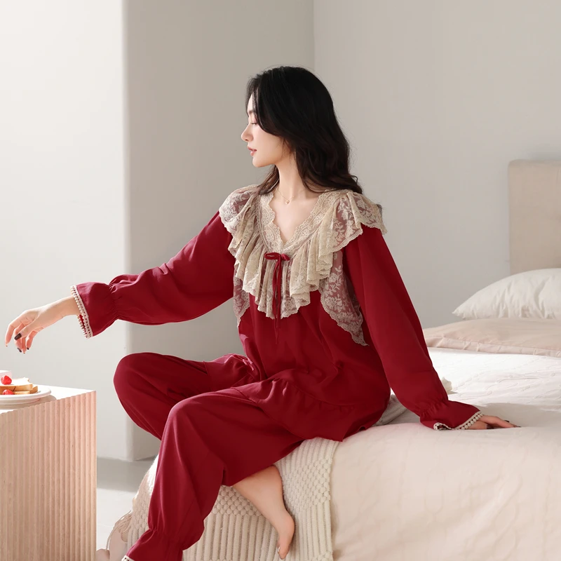 睡衣女款爆款2025新款纯棉套装春秋红色中国风本命年可外穿家居服