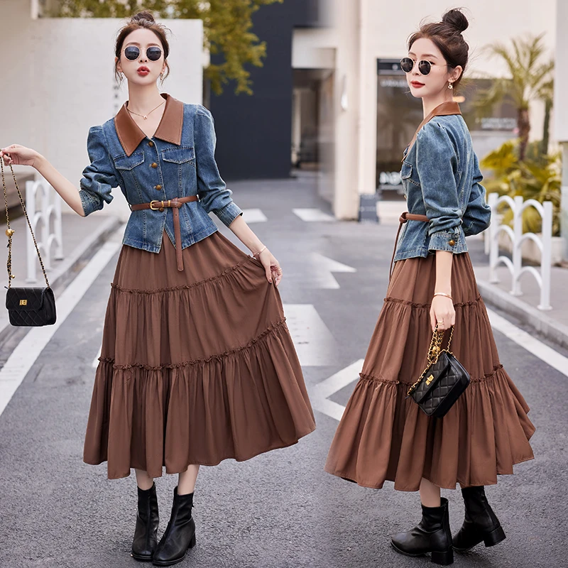 法式复古撞色拼接牛仔套装女2025年春秋新款收腰显瘦半身裙两件套