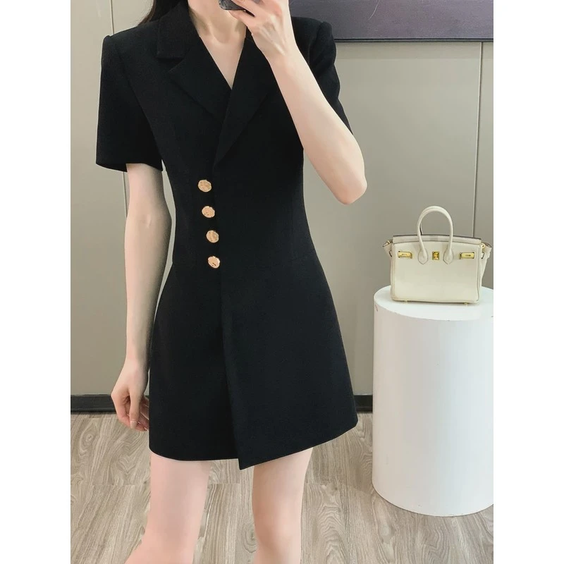 职业短袖西装短款连衣裙女夏季正式场合小黑裙高级感修身显瘦裙子