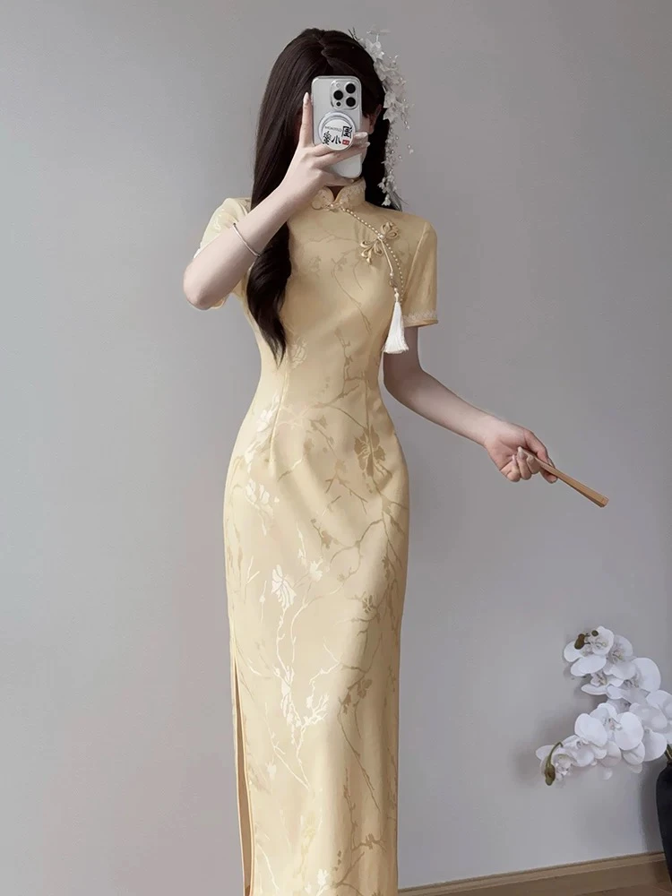 鹅黄色订婚旗袍夏季连衣裙高端气质女装连衣裙2025新款长款新中式