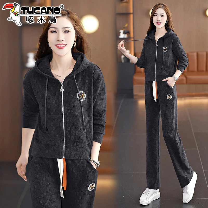 【官方】啄木鸟休闲运动套装女春秋2025新款时尚中年女士显瘦两件套