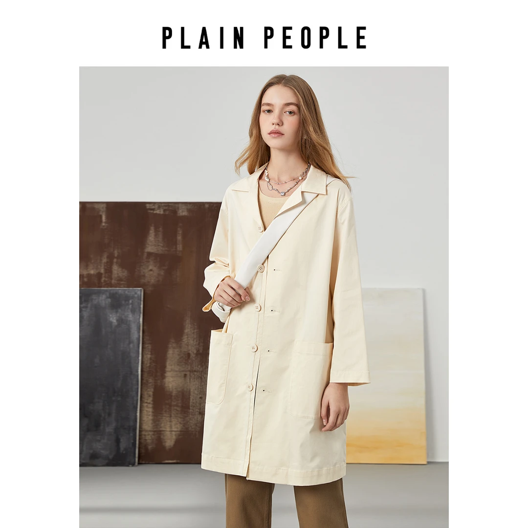 PLAIN PEOPLE文艺休闲通勤长袖风衣翻领长外套女中长款秋款