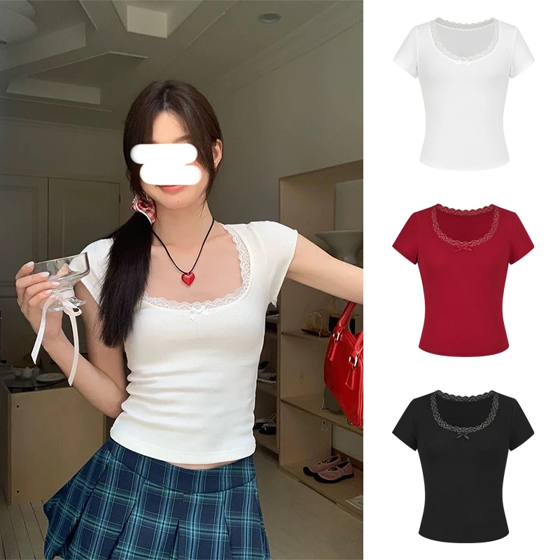 Moses Queen/魔西女王U领正肩短袖T恤蕾丝花边辣妹修身显瘦上衣
