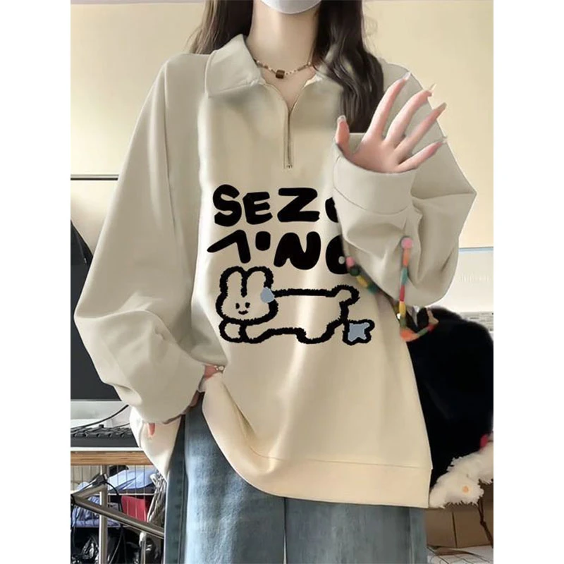 美式chic复古设计感Polo领卫衣女秋冬季加绒加厚宽松百搭外套上衣