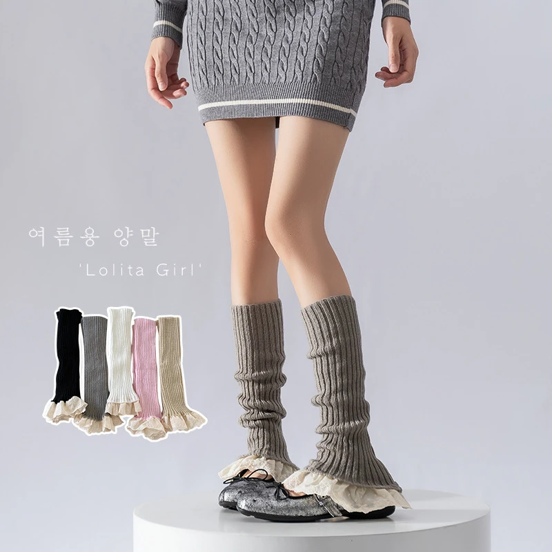 花边袜套女蝴蝶结针织可爱少女韩国miu芭蕾甜美灰色小腿堆堆腿套