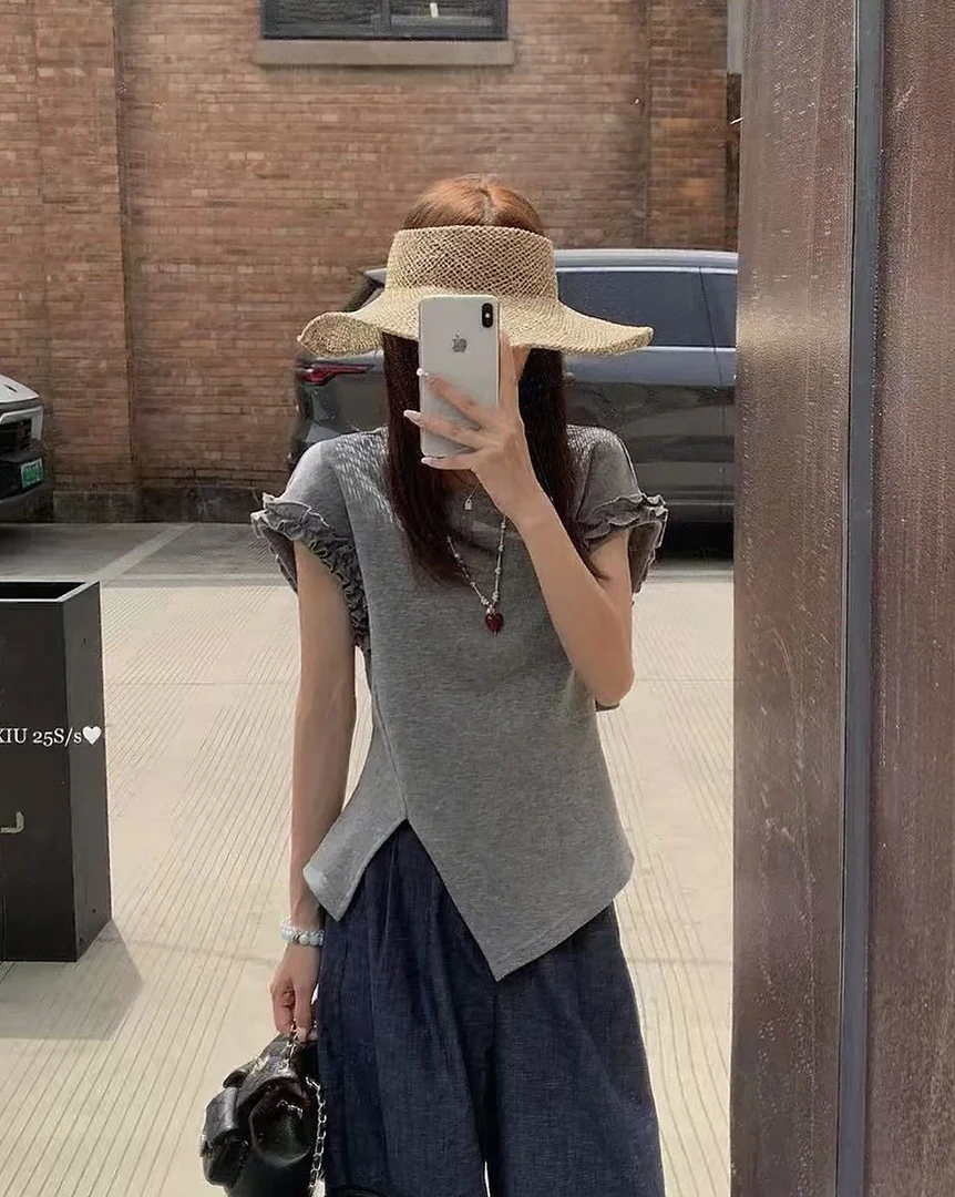 不规则设计感开叉木耳边短袖衬衣女夏系带T恤