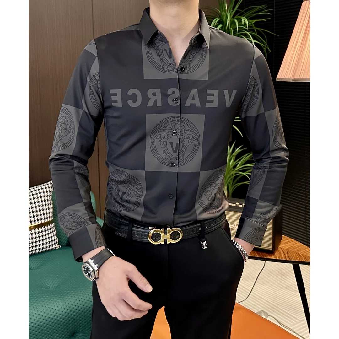 【亿姐男装】男士春秋季加绒加厚时尚百搭字母显瘦气质长袖衬衫