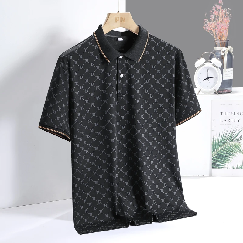 休闲Polo衫短袖t恤上衣夏季冰丝宽松商务短袖polo印花T恤