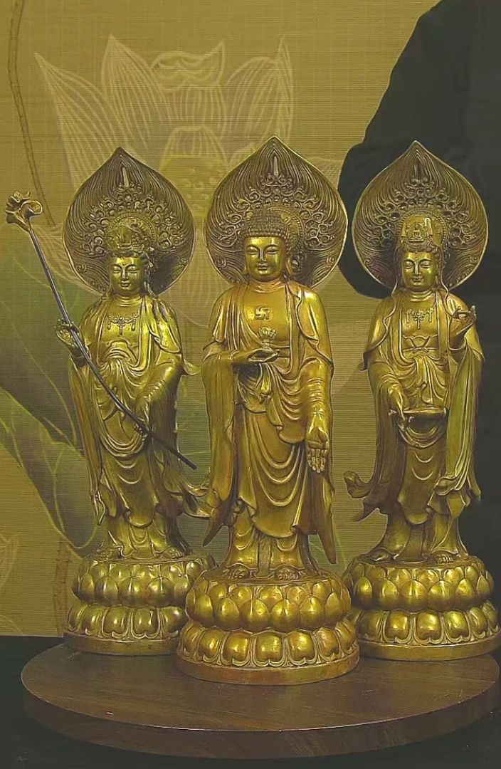 纯铜35公分西方三圣（阿弥陀佛观音大势至菩萨）居家艺术客厅摆件