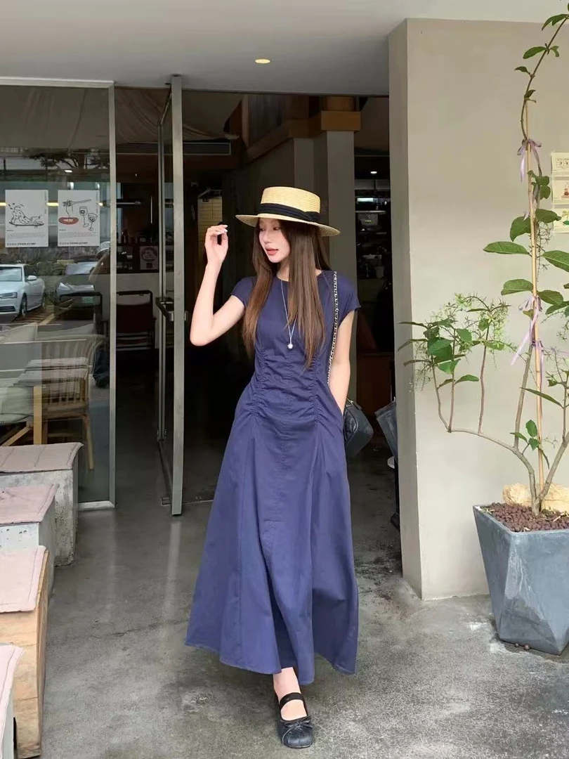 A3D藏青色“抽褶”连衣裙（1832）