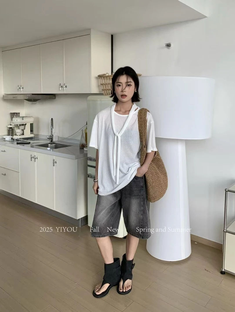YIYOU@D26839 韩版独特打底上衣短袖T恤(配飘带) 7-3
