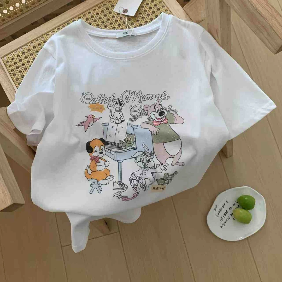 2025 夏季新款卡通印花宽松通勤圆领T恤