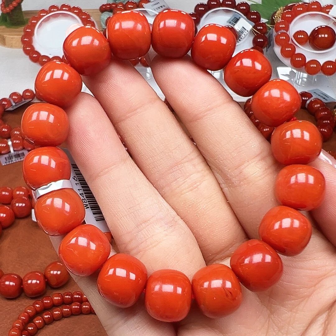 南红玛瑙未镶嵌手串高货 瓦西满色柿子红老型卡12mm+