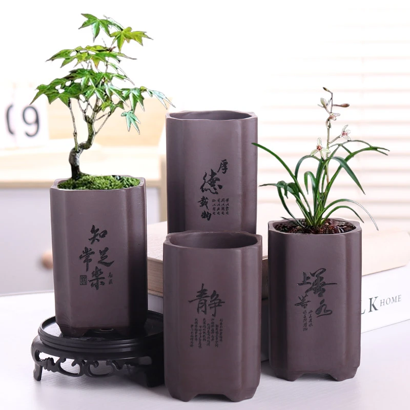 紫砂六方兰花盆多肉花卉植物六方形盆景盆陶瓷花盆桌面六角带托盘