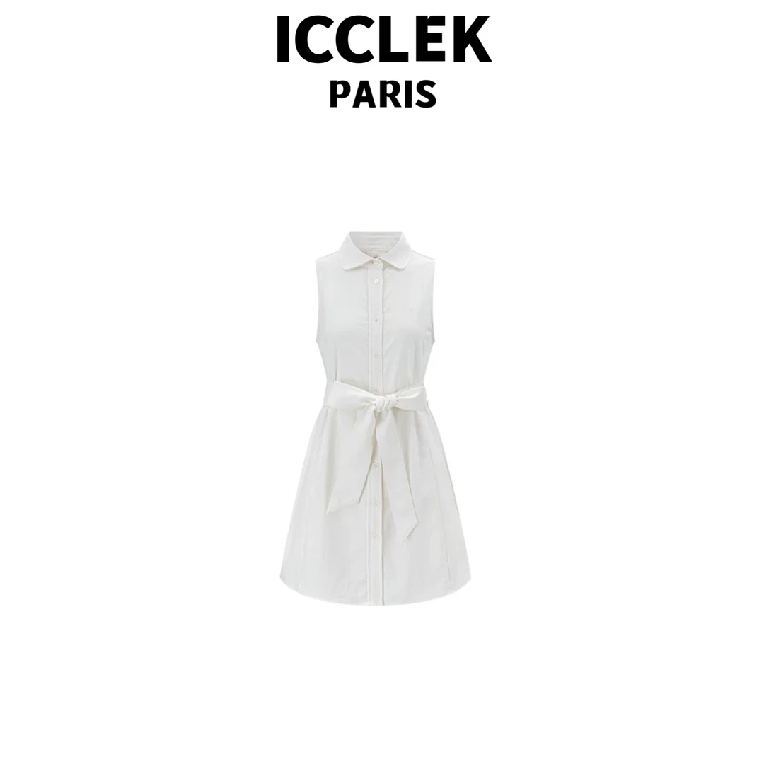 ICCLEK 白色翻领无袖刺绣连衣裙轻奢POLO领收腰显瘦连衣裙 - 5245