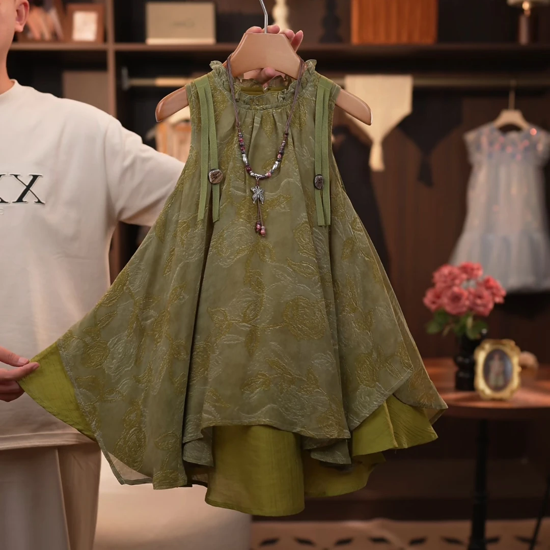 女童裙子2025夏季新款中大童时尚绿色无袖儿童设计师连衣裙