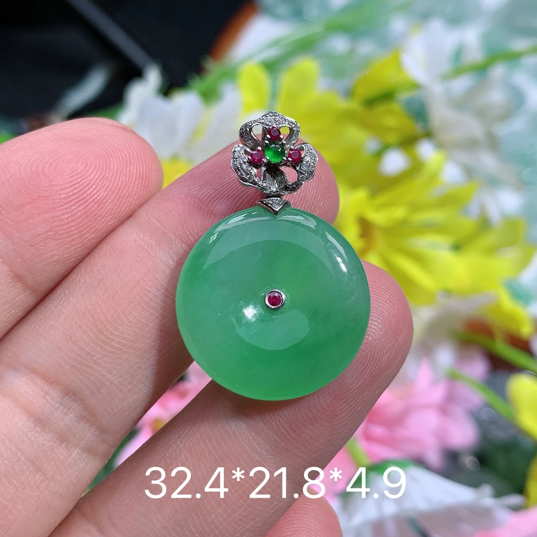 缅甸天然翡翠A货冰种阳绿平安扣M百搭绿色上等翡翠气质珠宝首饰