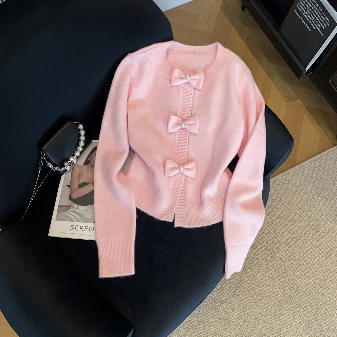 26新款粉色蝴蝶结纽扣甜美少女感针织开衫MAU2287