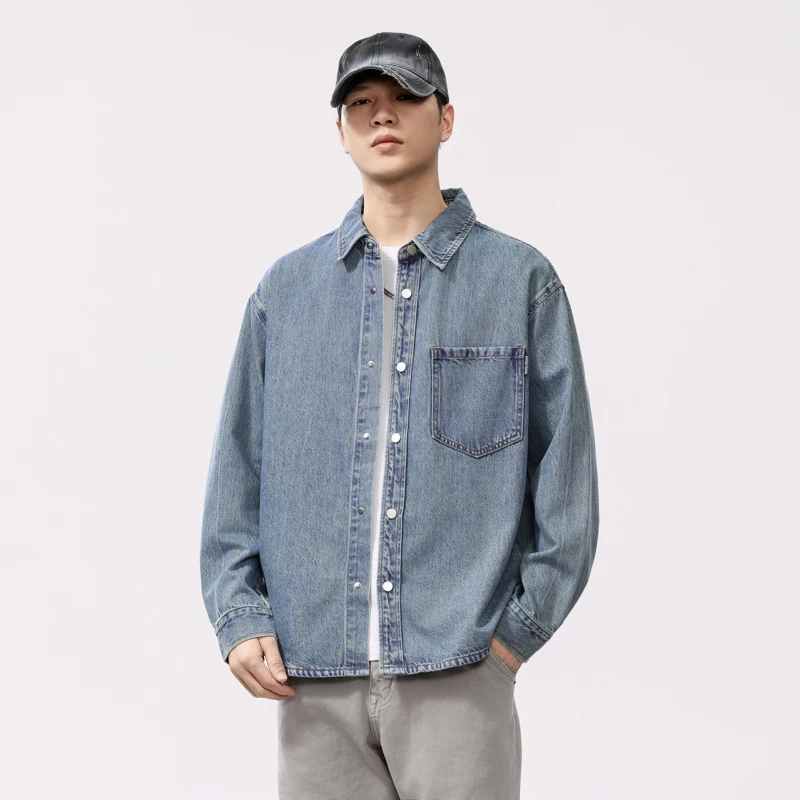 2025春季长袖牛仔衬衫宽松复古大码衬衣衬衣男士潮牌休闲百搭衬衫