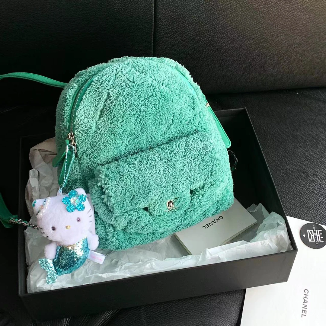 95新 Chanel/香奈儿 薄荷绿毛绒毛巾mini双肩包 14363300