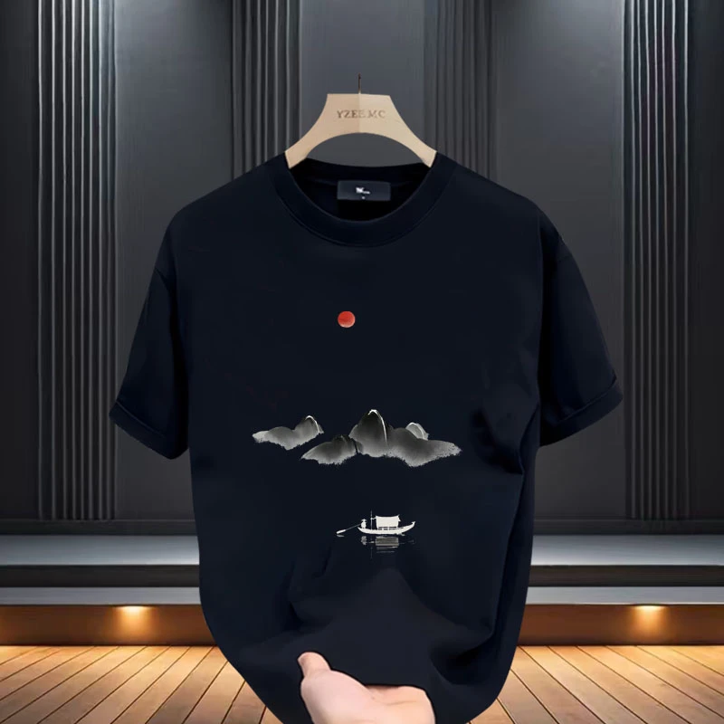 2025夏季男士短袖T恤轻奢印花圆领宽松休闲时尚百搭半袖潮牌上衣