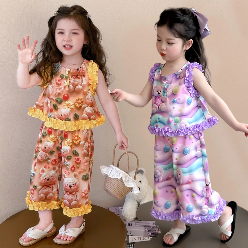 【童话里的小公主】女童花朵小熊套装夏季新款宝宝夏装阔腿裤两件套