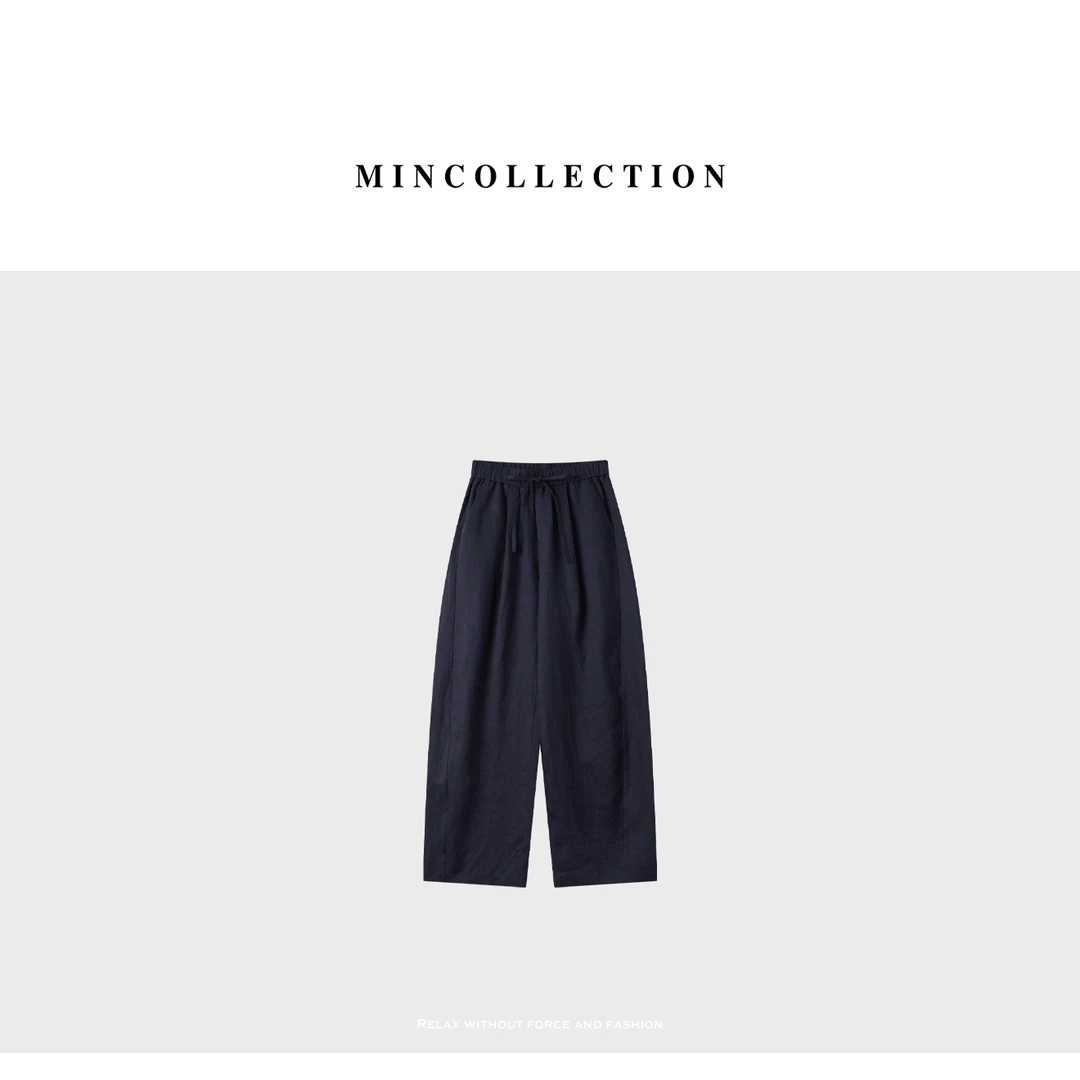 DE Mincollection蓝麻裤/清凉百搭通勤松紧腰系带亚麻休闲裤40416