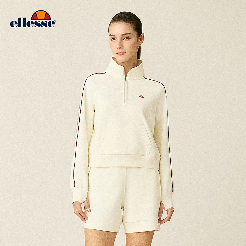 Ellesse26春季新款空气层撞色拇指孔保暖显瘦时尚宽松运动卫衣女