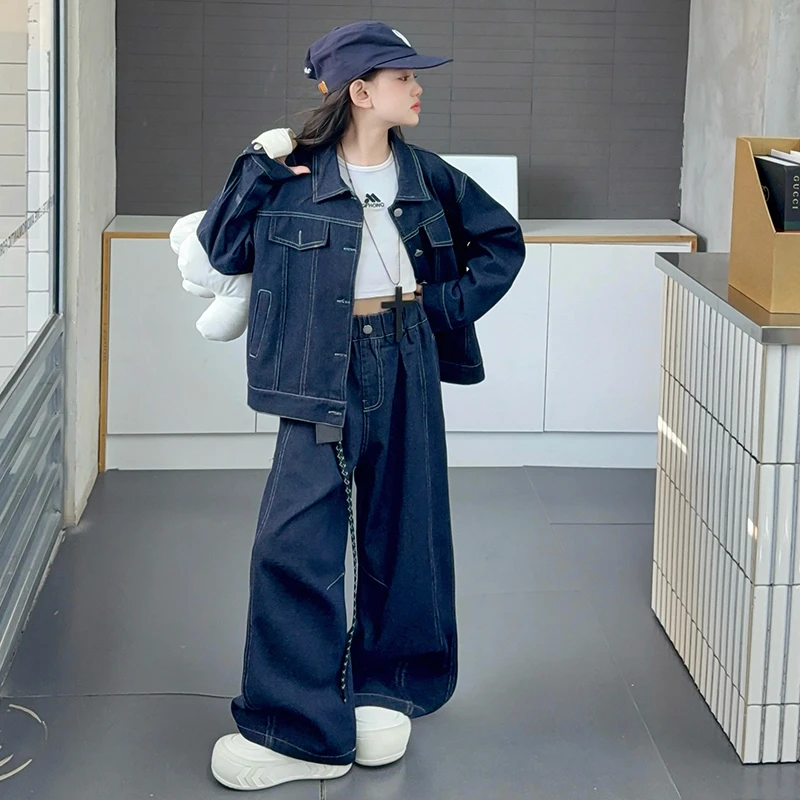 女童秋装【牛仔外套裤子两件套】中大童学生纯色牛仔中腰牛仔裤套装