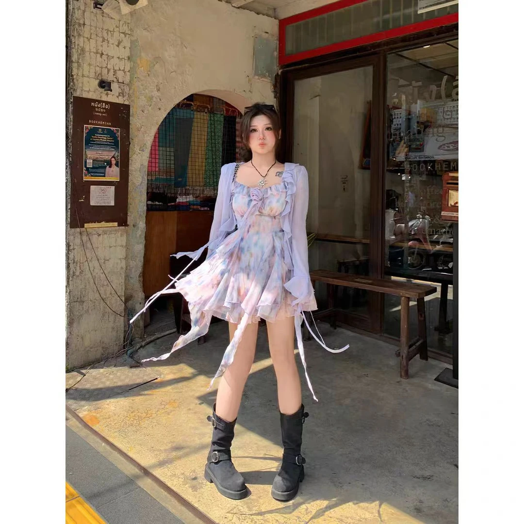 （80-200斤）胖妹妹氛围感油画碎花裙夏新款微胖大码吊带裙套装1806