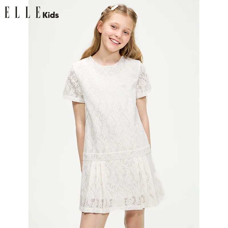 ELLE KIDS 童装千金风聚会party轻礼裙珠片蕾丝百褶短袖连衣裙A1