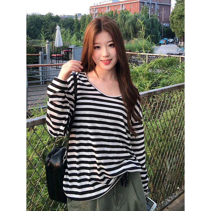 梦晓灵黑白条纹长袖T恤女慵懒风v领防晒罩衫宽松休闲薄款上衣