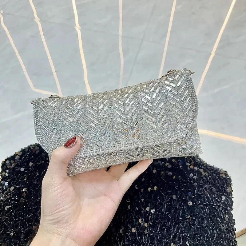 【SL】新款夏季百搭镶钻手机包名媛宴会手拿包小香风气质简约斜挎包