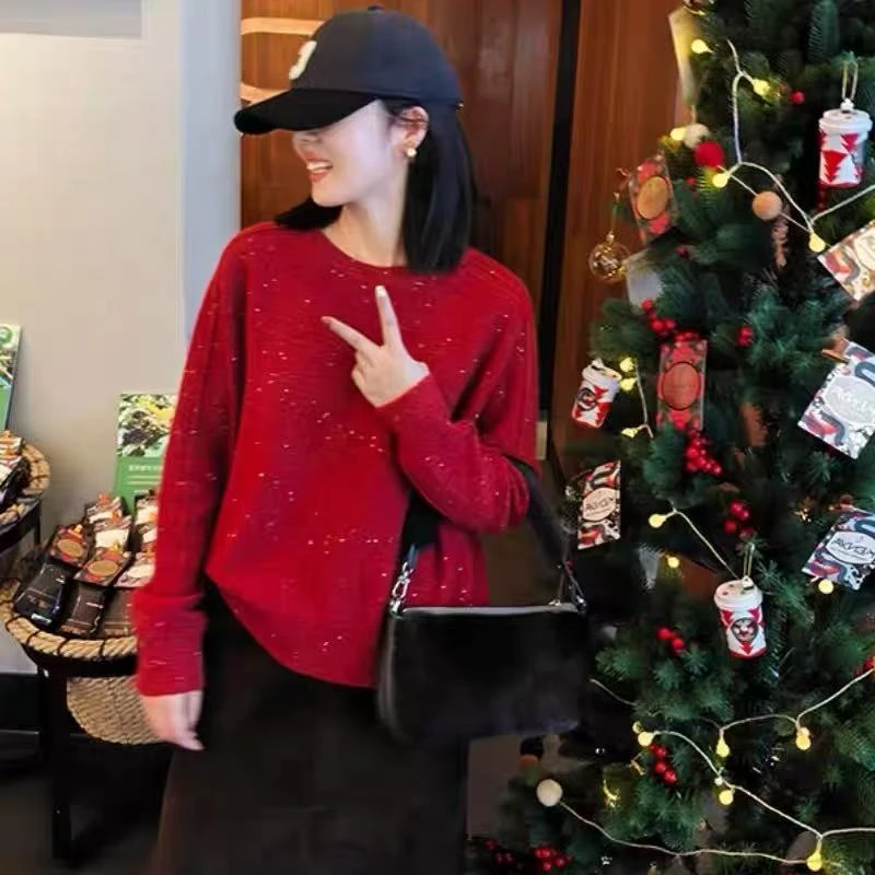 8090圆领宽松100%羊毛针织衫女加厚外穿毛衣 前30送羊毛帽子