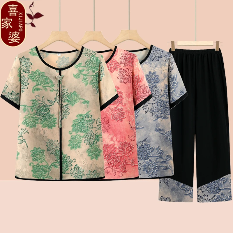 奶奶装夏装短袖舒适老人妈妈夏季国风套头老太太上衣60--80岁薄款