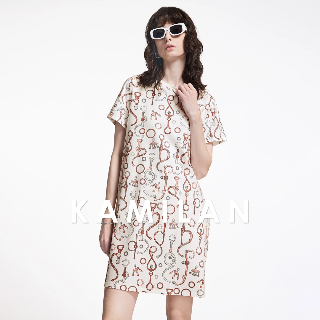 卡米兰法式流行短袖连衣裙女夏季2025新款高级印花裙子气质T恤裙